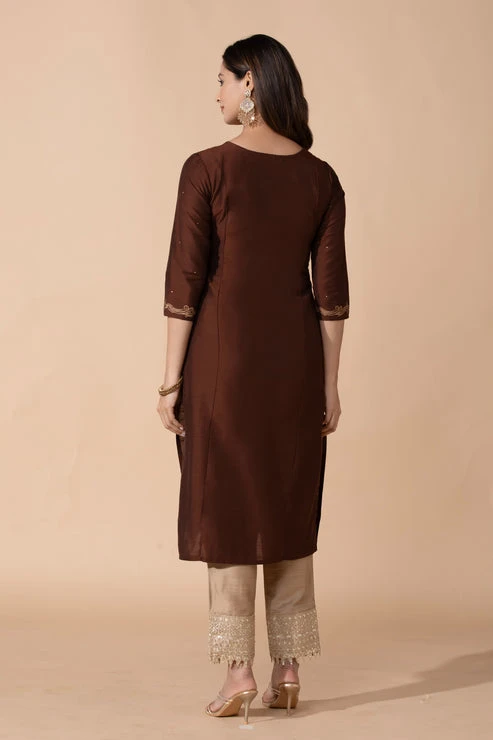 Brown Peacock Printed Straight Kurta