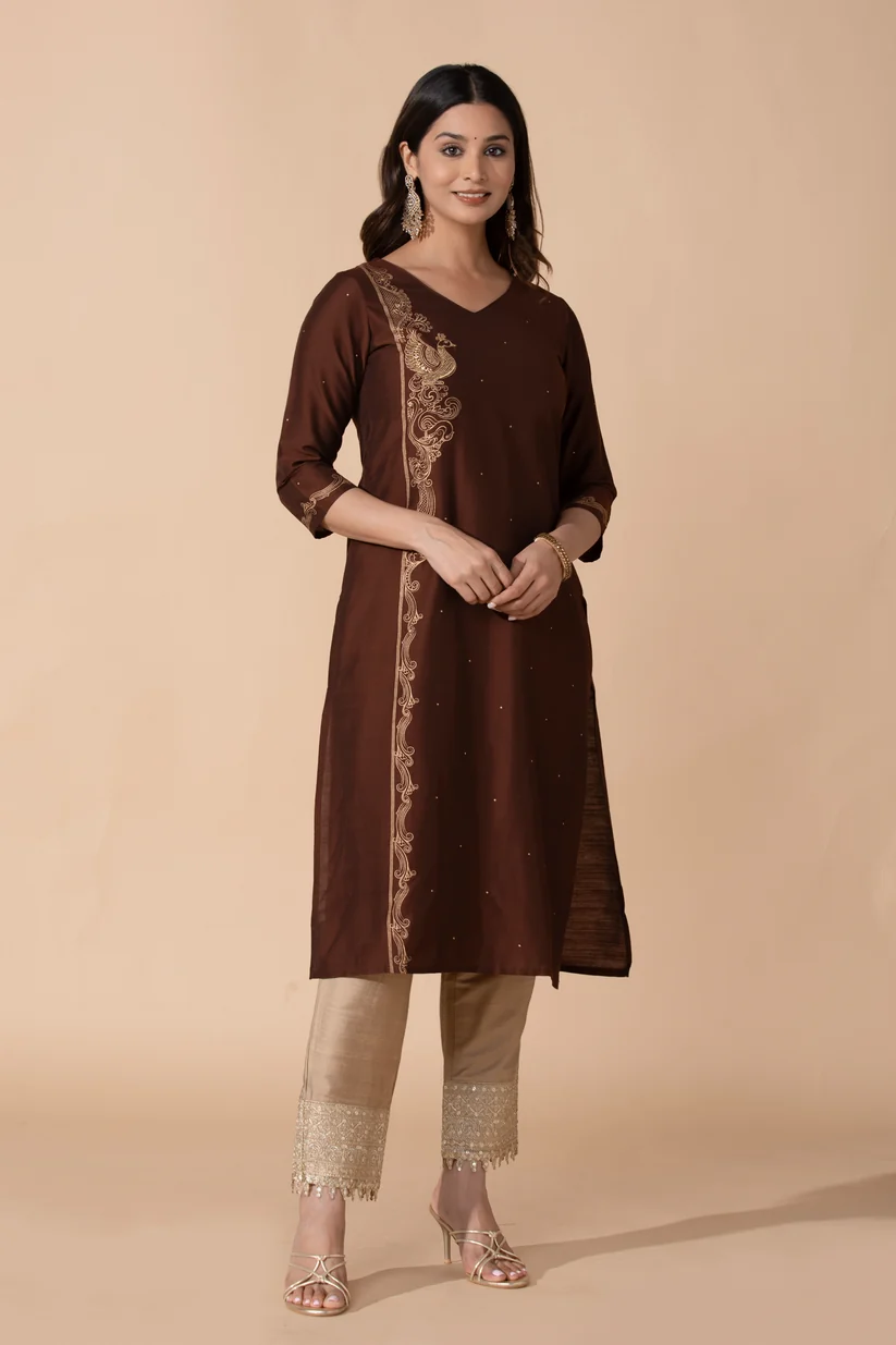 Brown Peacock Printed Straight Kurta
