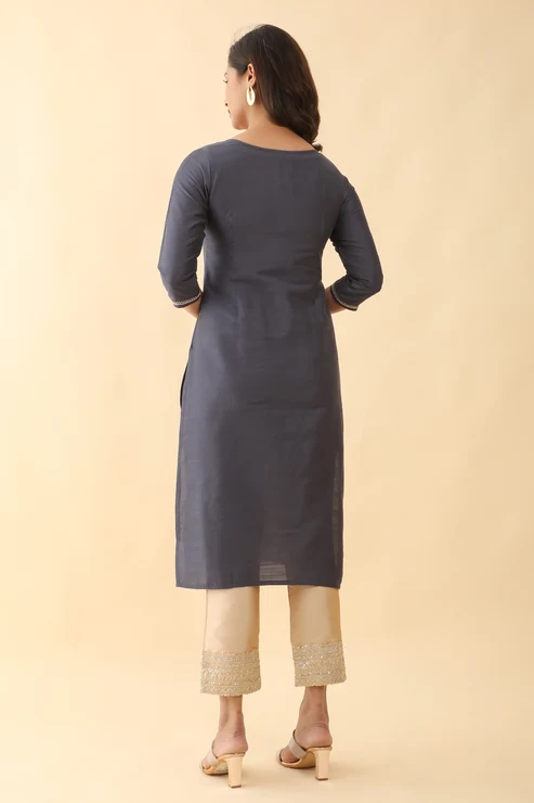 Mural Applique Embroidered Kurta Grey
