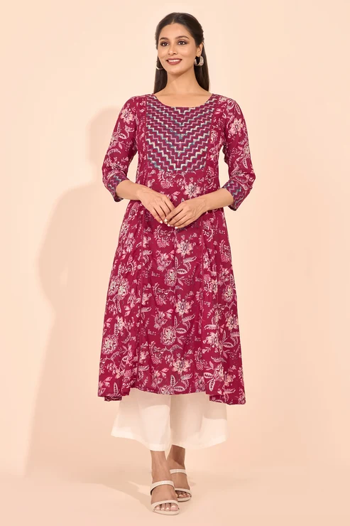 Floral Block Printed Foil Mirror Embellished Kurta - Pink