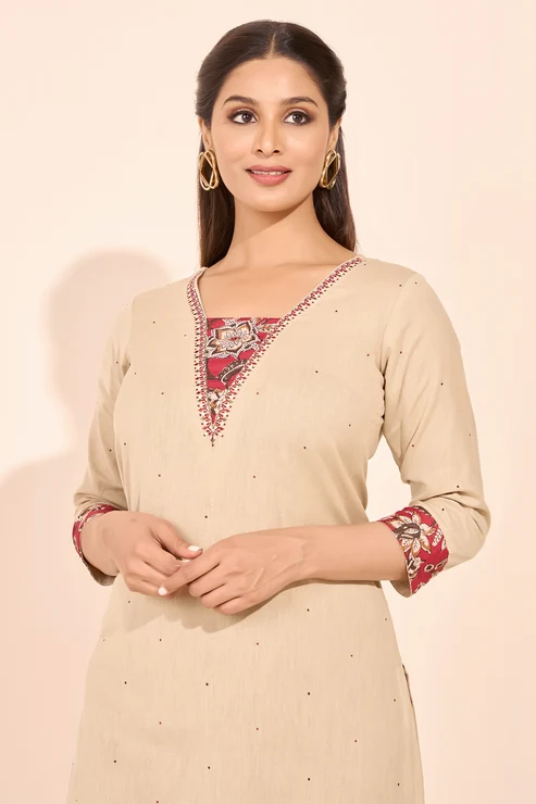 Floral Block Printed Yoke Patchwork Kurta - Beige