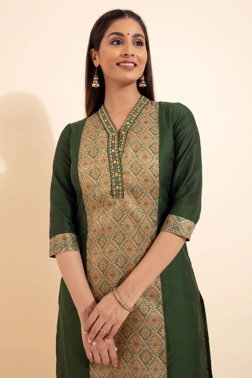 Patola Printed Patchwork Kurta - Green