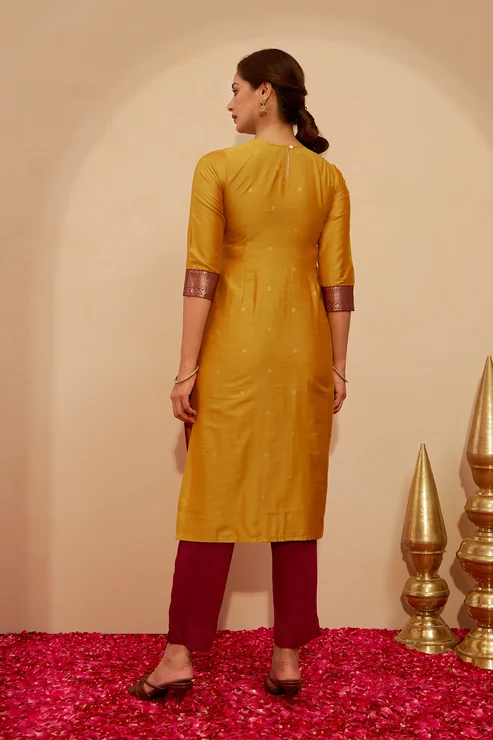 Zari patchwork Kurta - Mustard