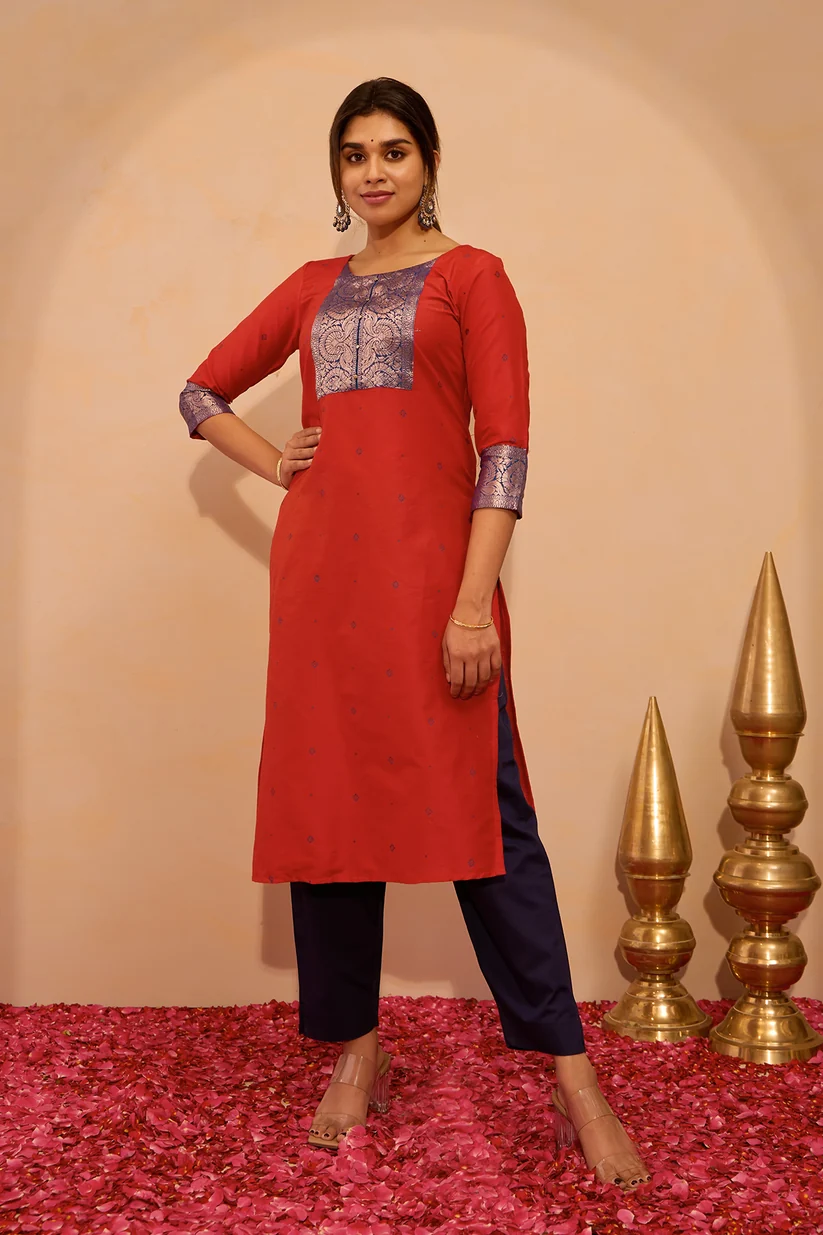 Printed Kurta with Zari Patchwork- Orange