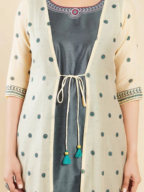Floral Printed Attached Waist Coat With Geometric Printed Kurta Set Grey