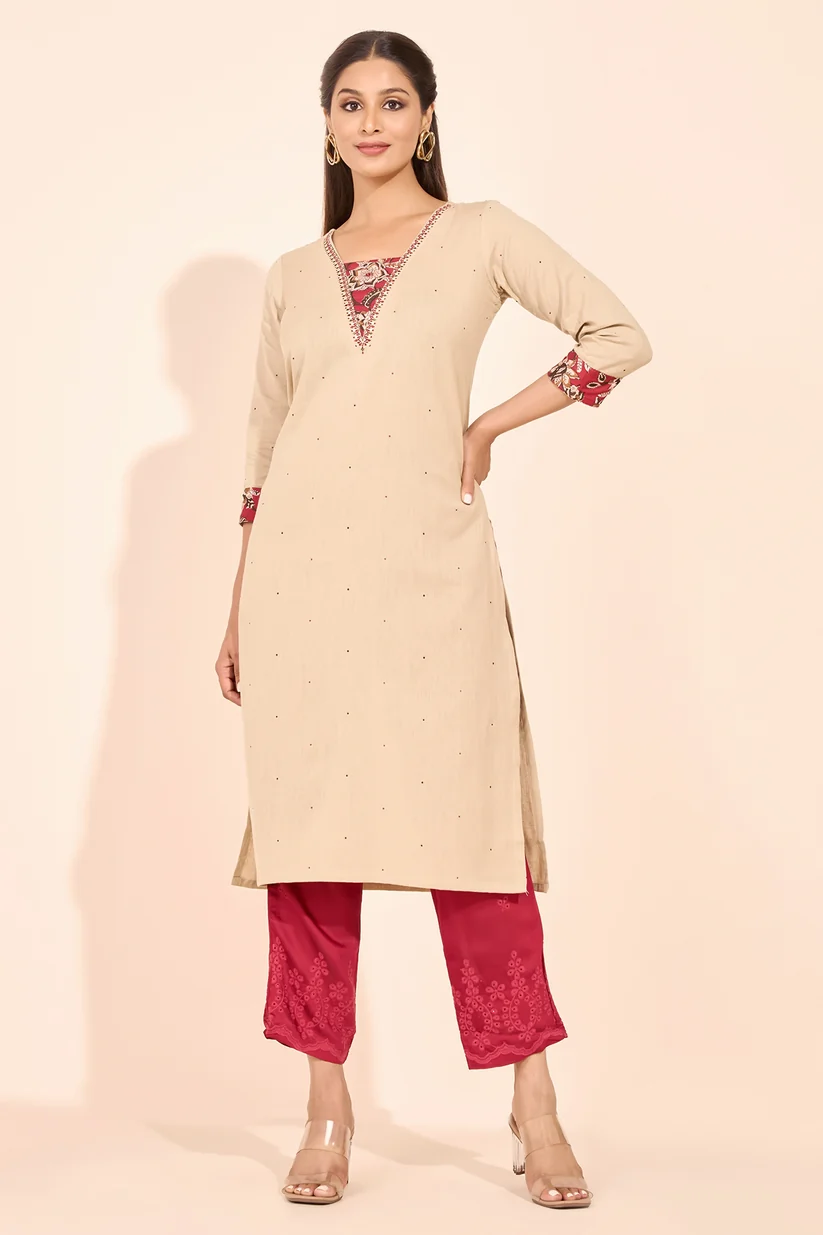Floral Block Printed Yoke Patchwork Kurta - Beige