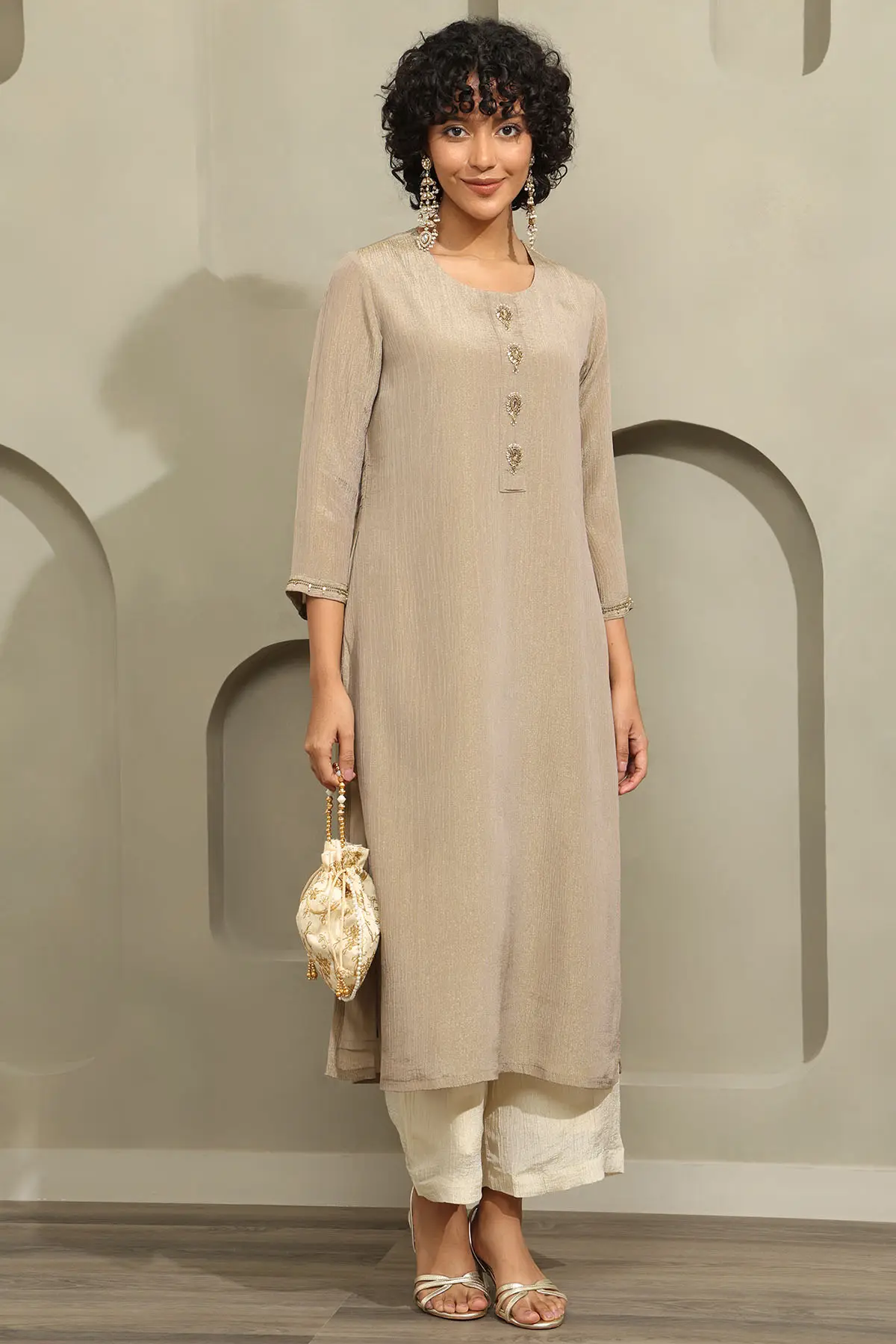 Beige Tissue Pearl Embellished Kurta