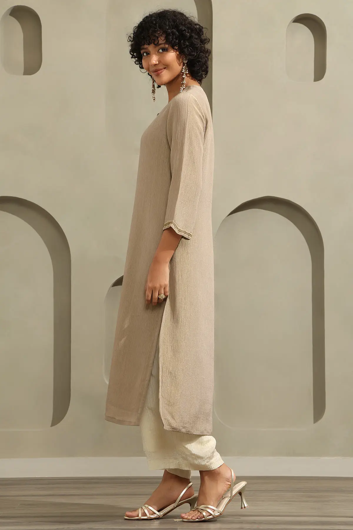 Beige Tissue Pearl Embellished Kurta