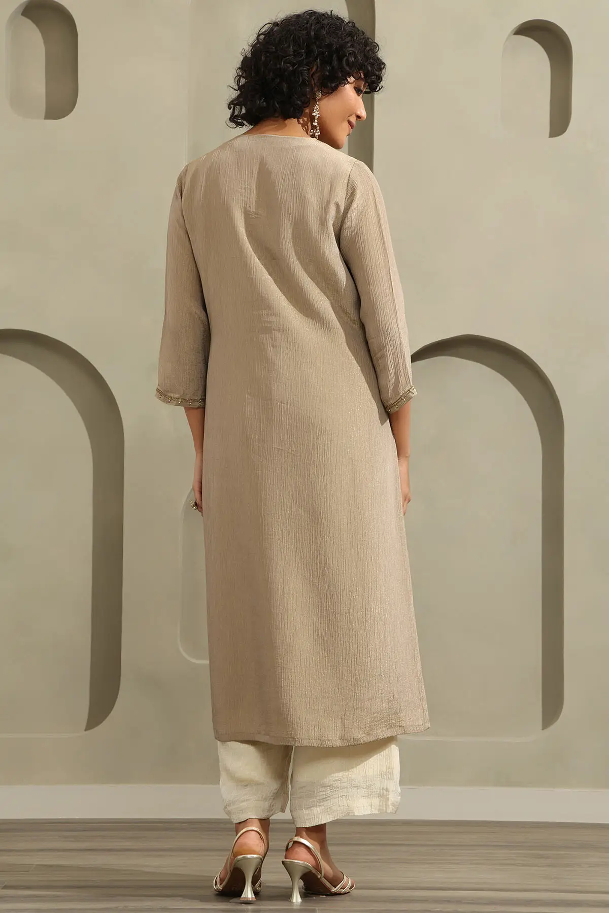 Beige Tissue Pearl Embellished Kurta