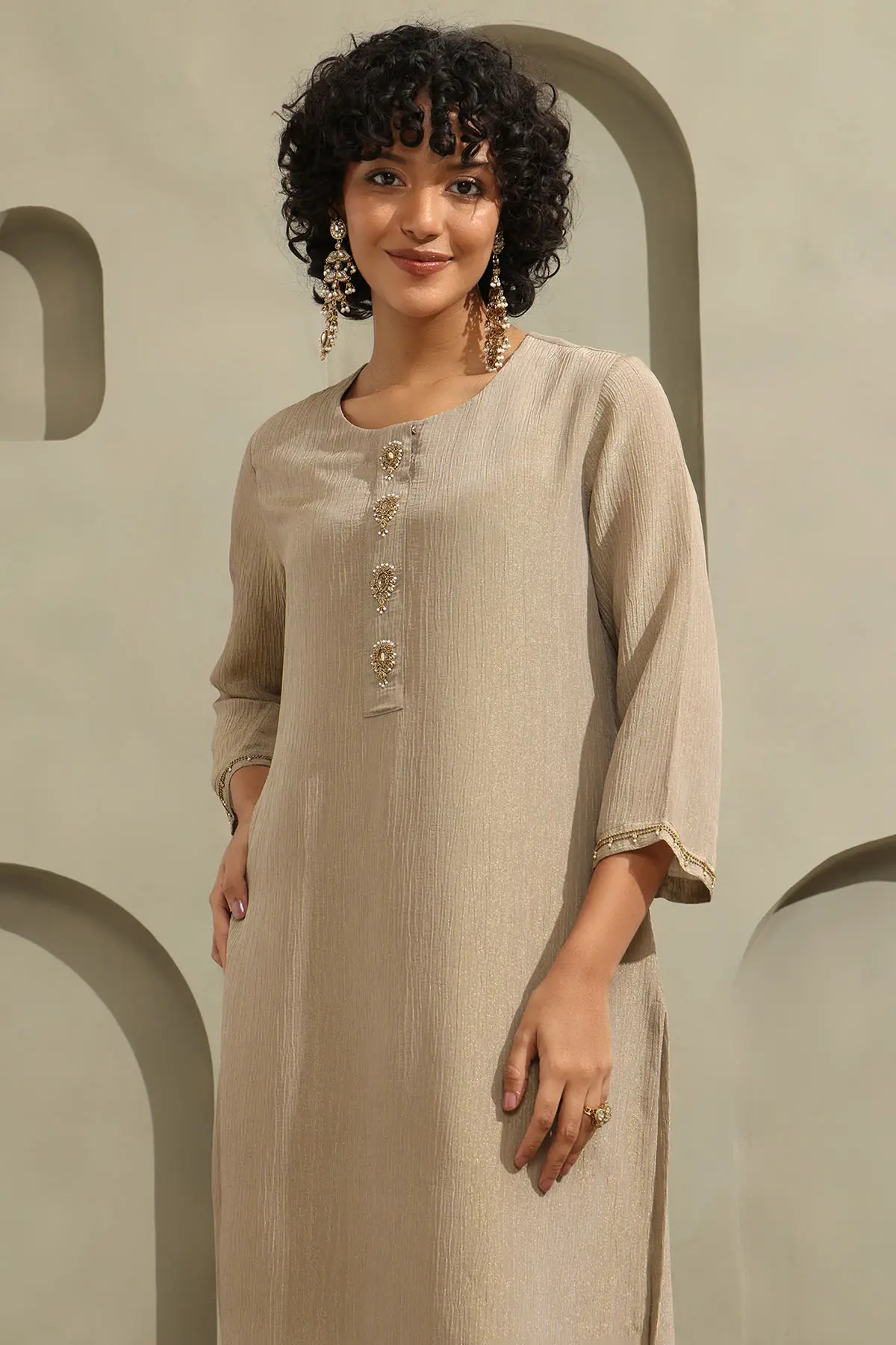 Beige Tissue Pearl Embellished Kurta