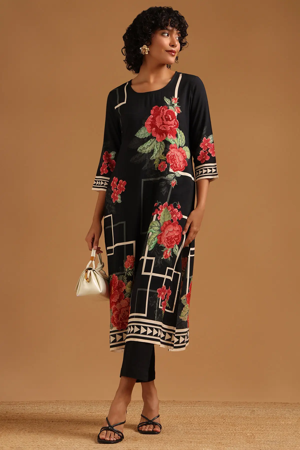 Black Rayon Floral Printed Kurta