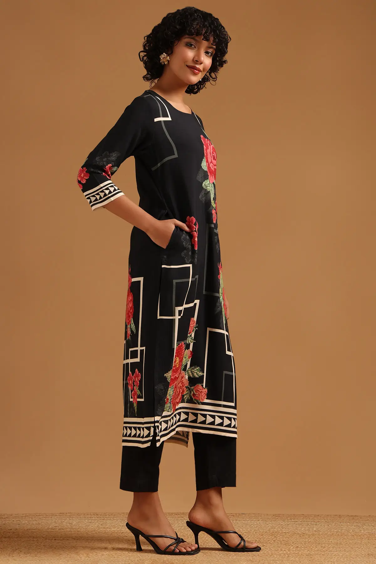 Black Rayon Floral Printed Kurta