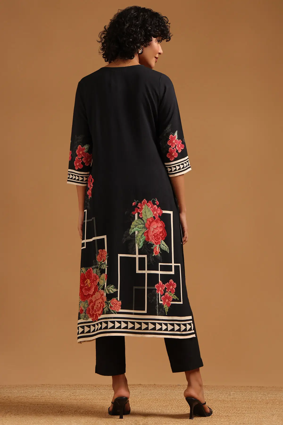 Black Rayon Floral Printed Kurta