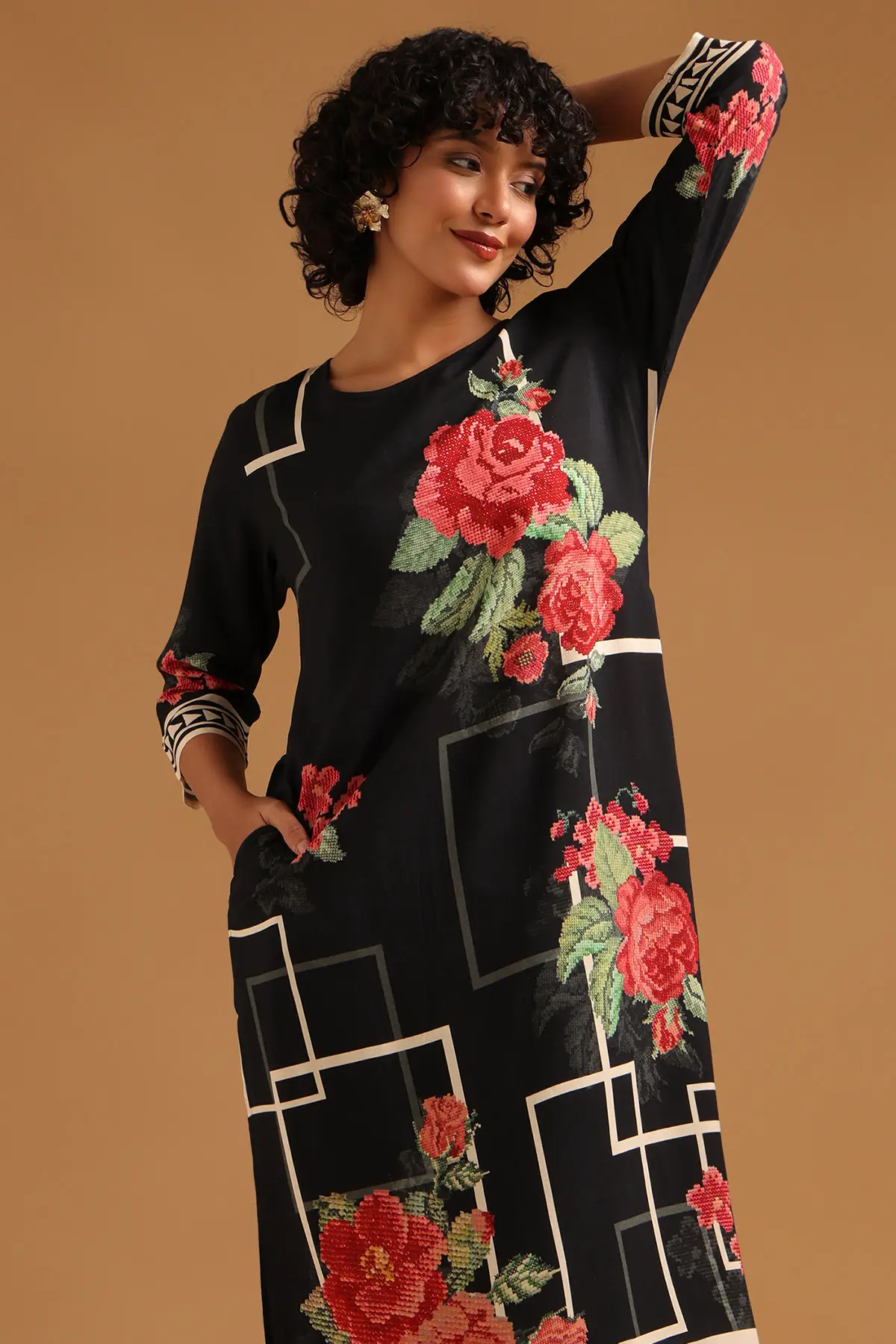 Black Rayon Floral Printed Kurta