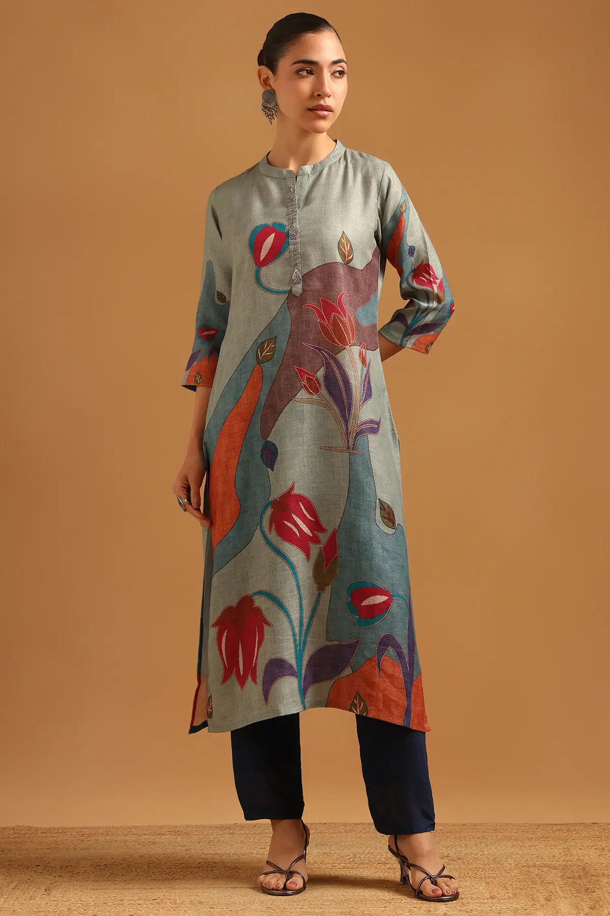 Blue Linen Blend Digital Printed Botanical Kurta
