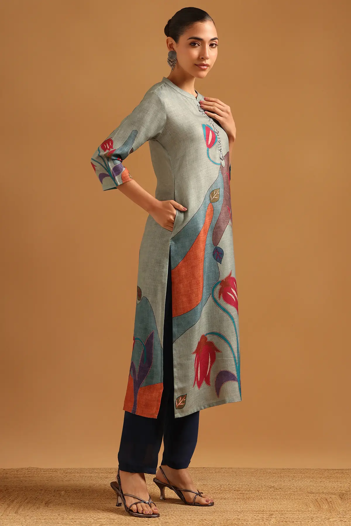 Blue Linen Blend Digital Printed Botanical Kurta