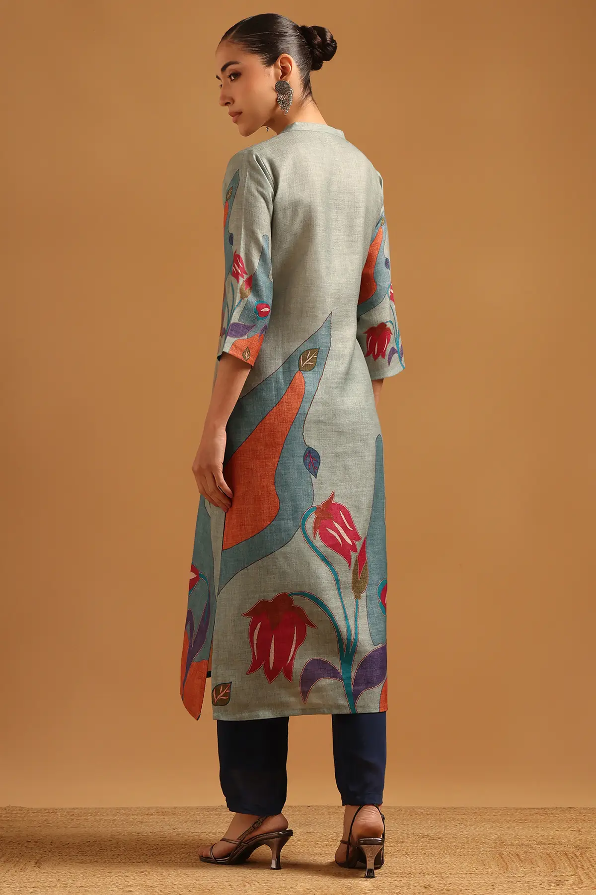 Blue Linen Blend Digital Printed Botanical Kurta