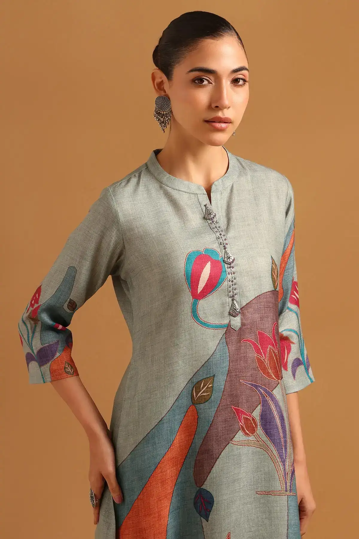 Blue Linen Blend Digital Printed Botanical Kurta