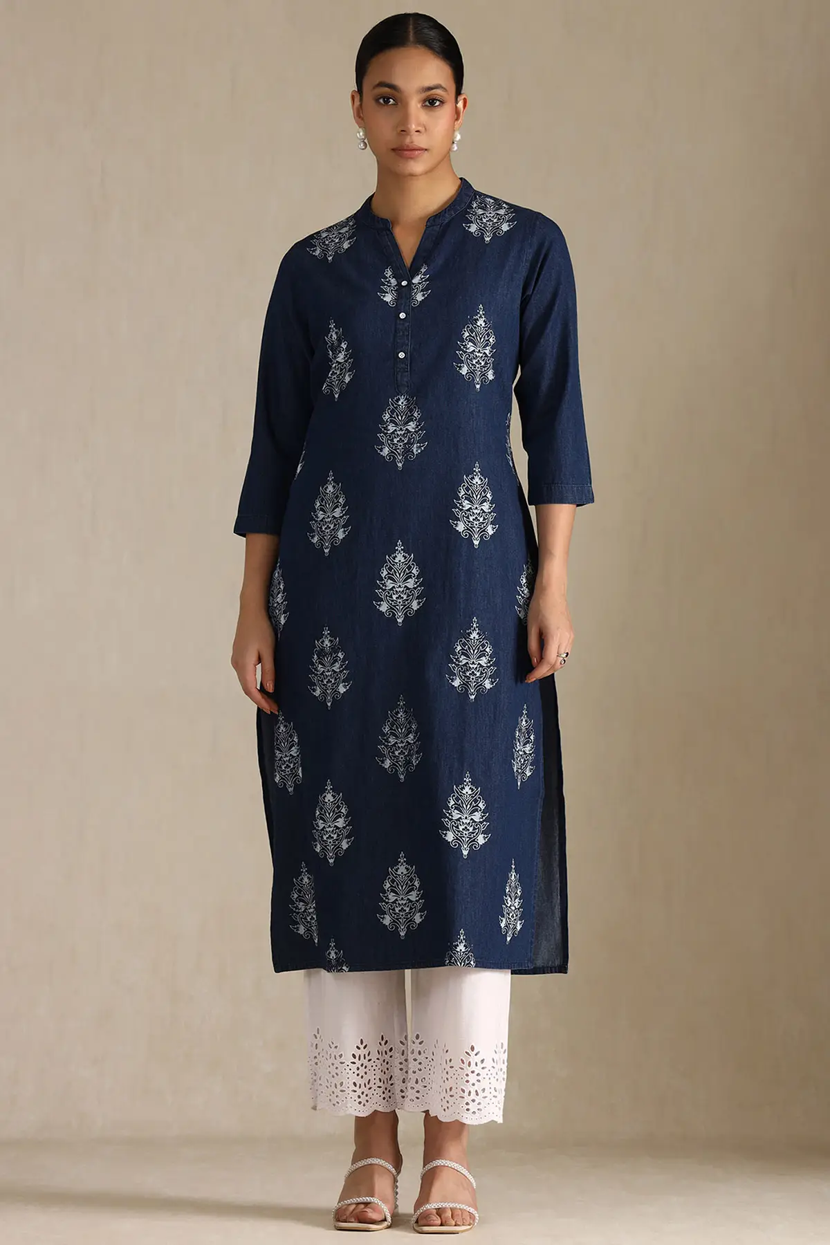 Indigo Denim Floral Print Kurta
