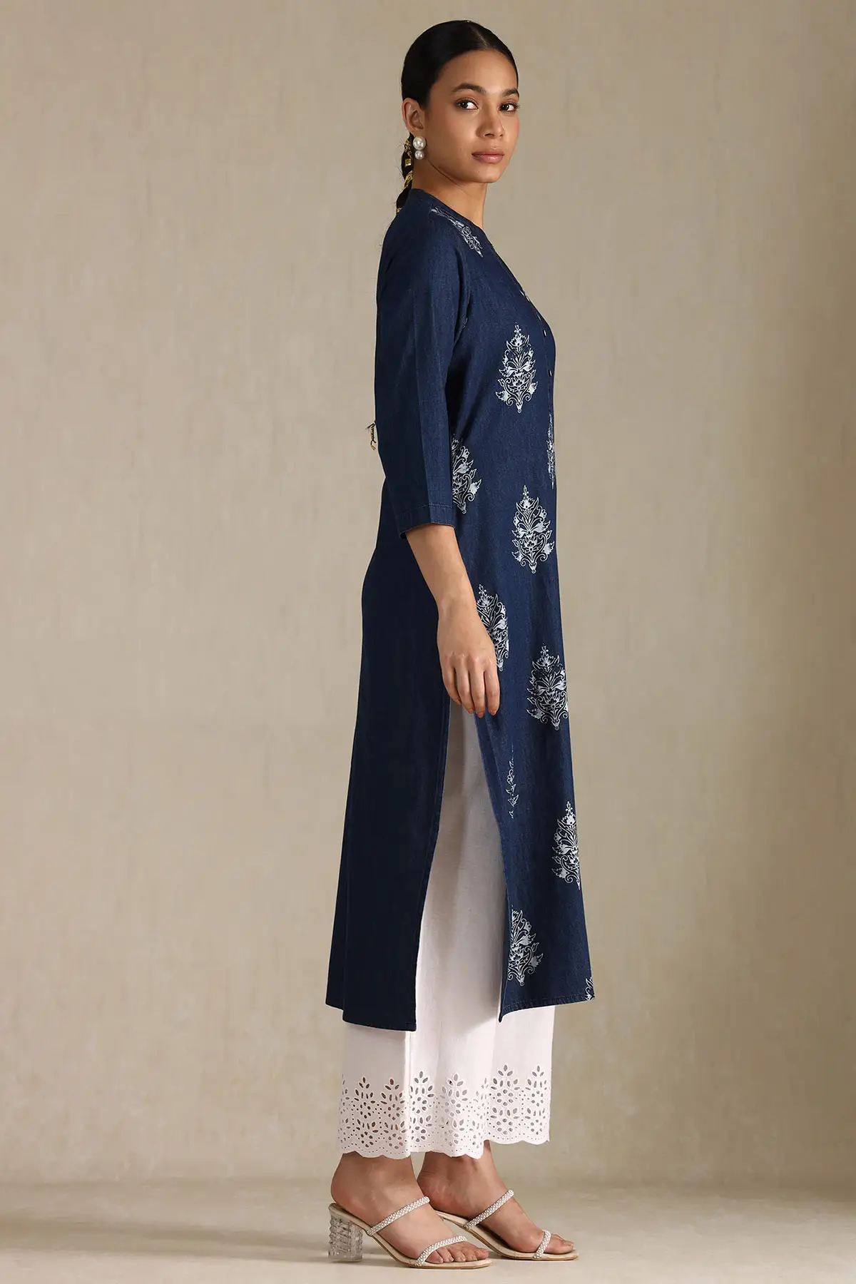 Indigo Denim Floral Print Kurta