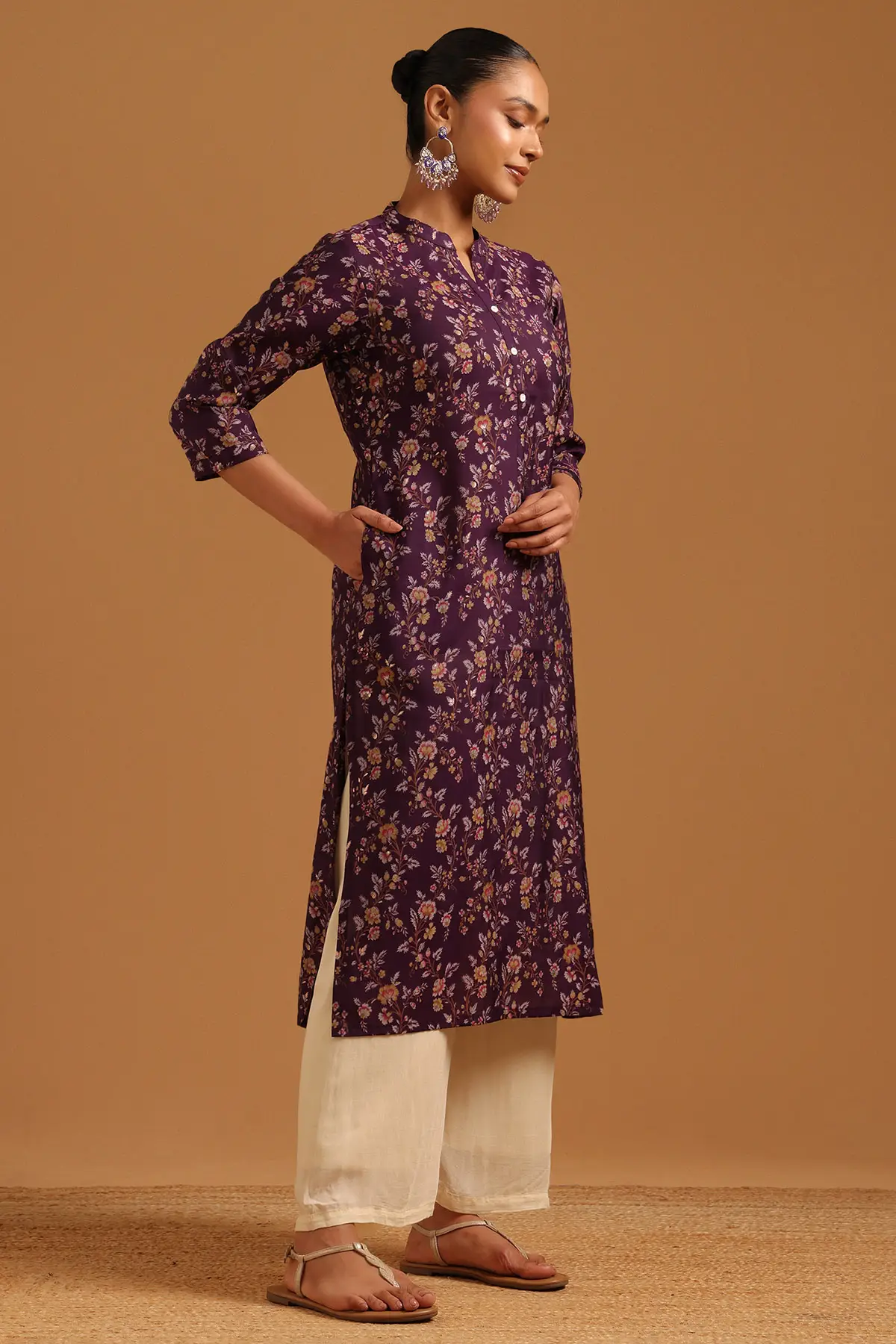 Purple Viscose Botanical Printed Kurta