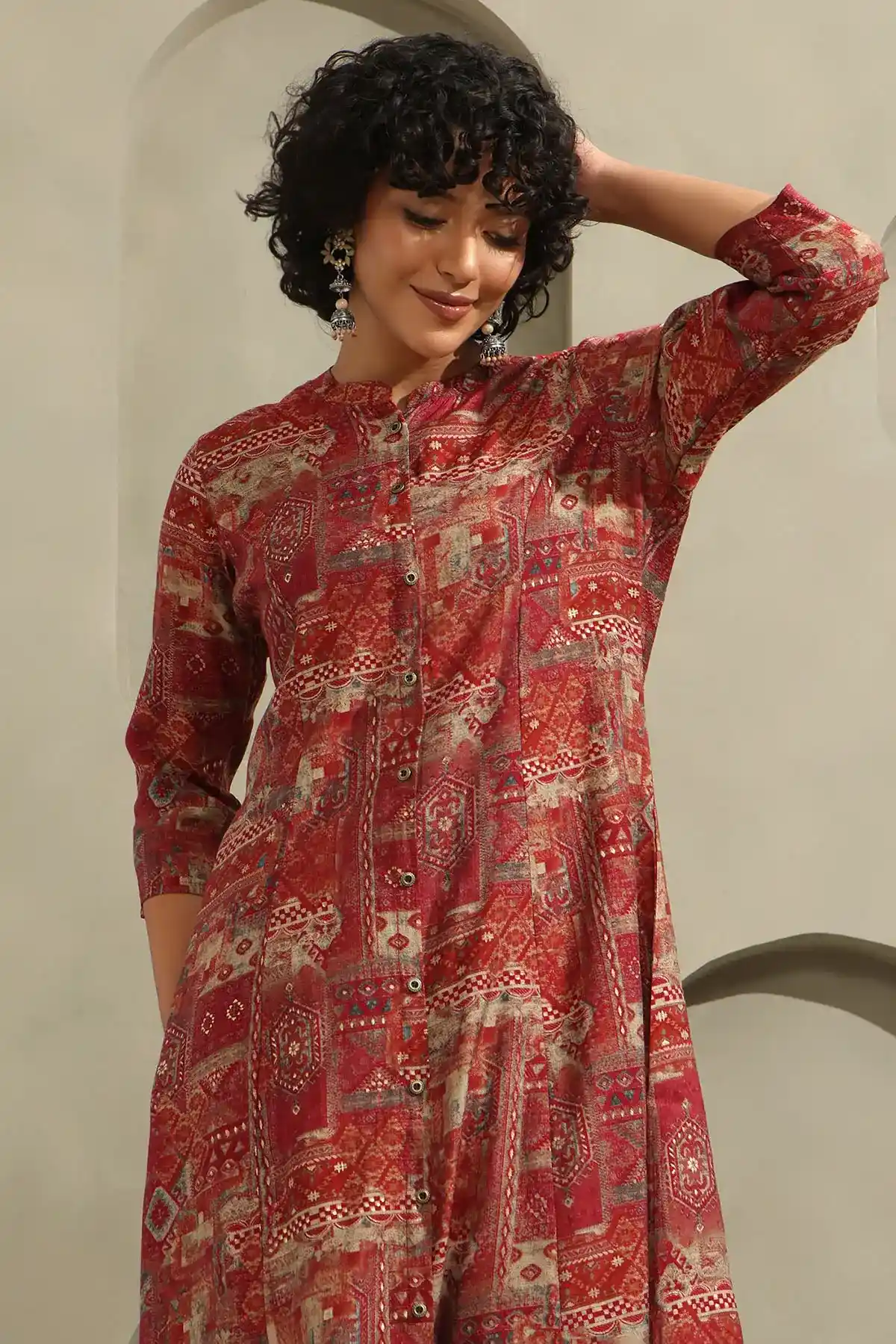 Rust Muslin Ethnic Motifs Printed Kurta