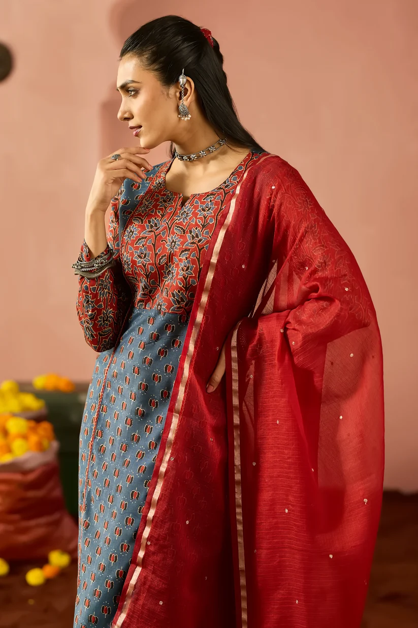 Blue Ajrakh Printed Straight Cut Kurta Set