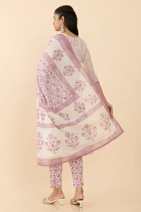 White Floral Printed A-Line Kurta Set