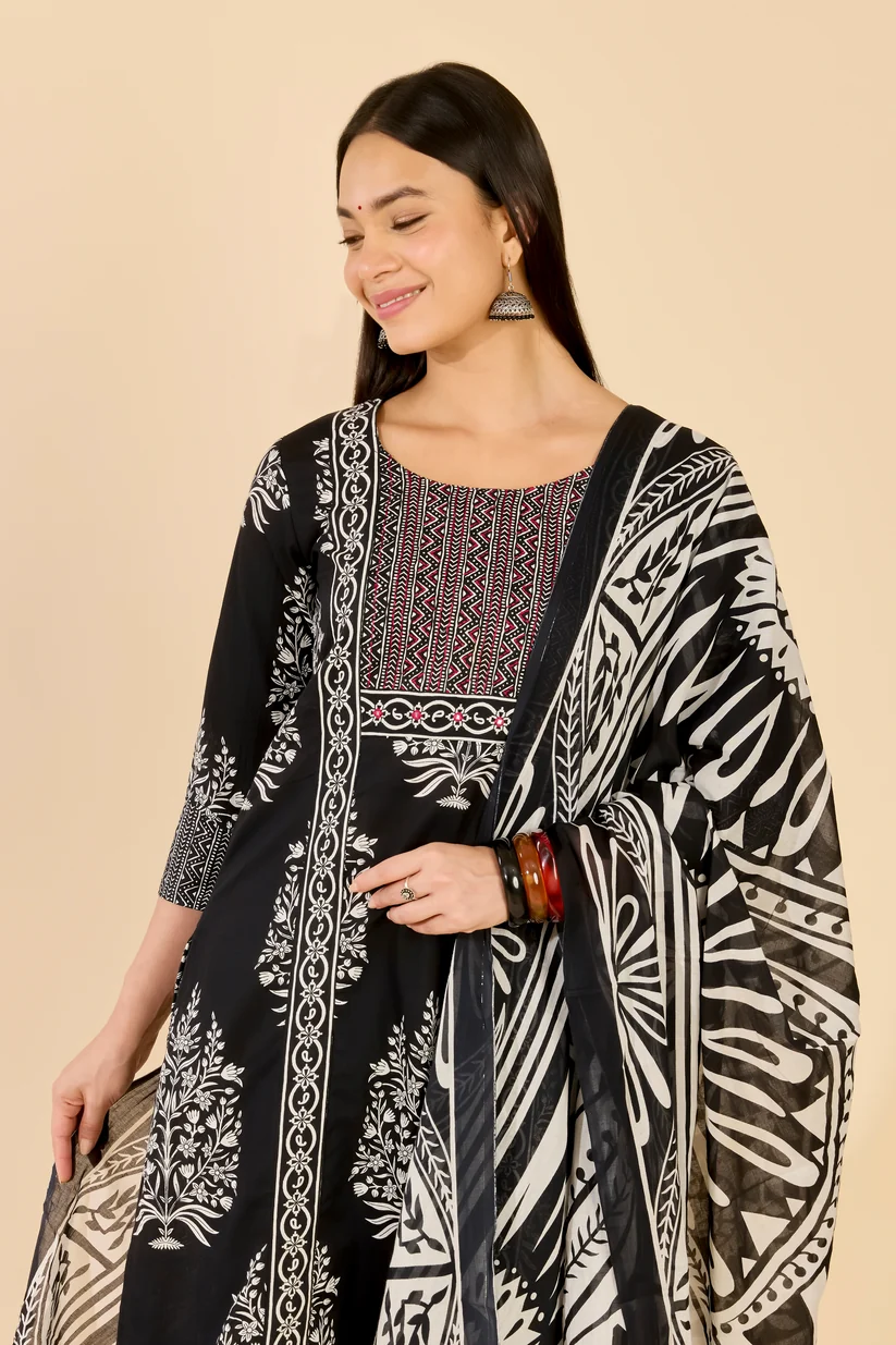 Black Floral Print Cotton Kurta Set