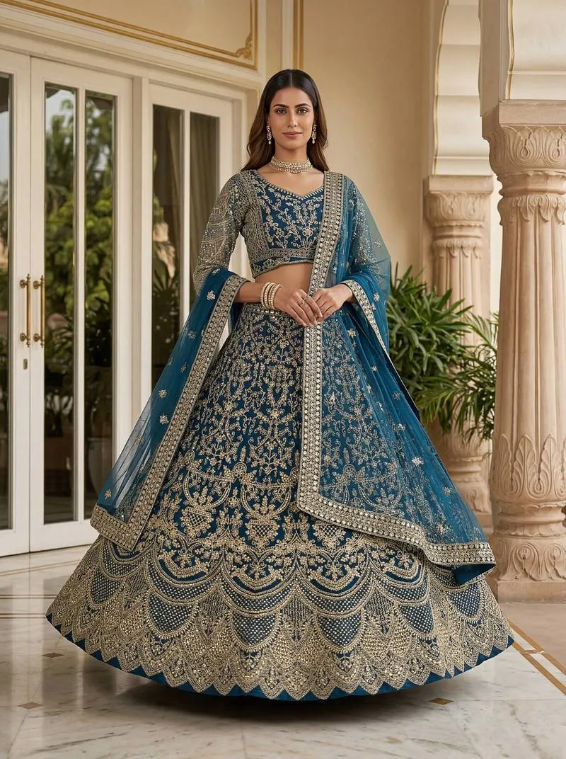 Blue Embroidered Lehenga Set
