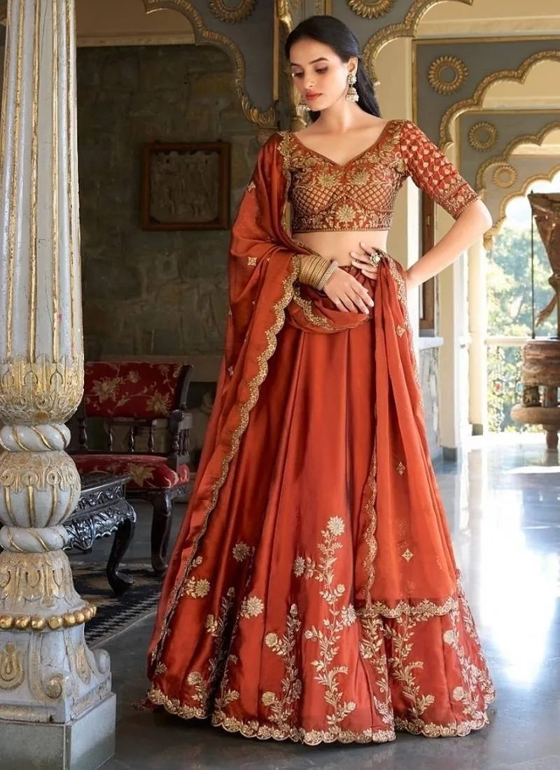 Orange Silk Thread Embroidery Work Lehenga Choli