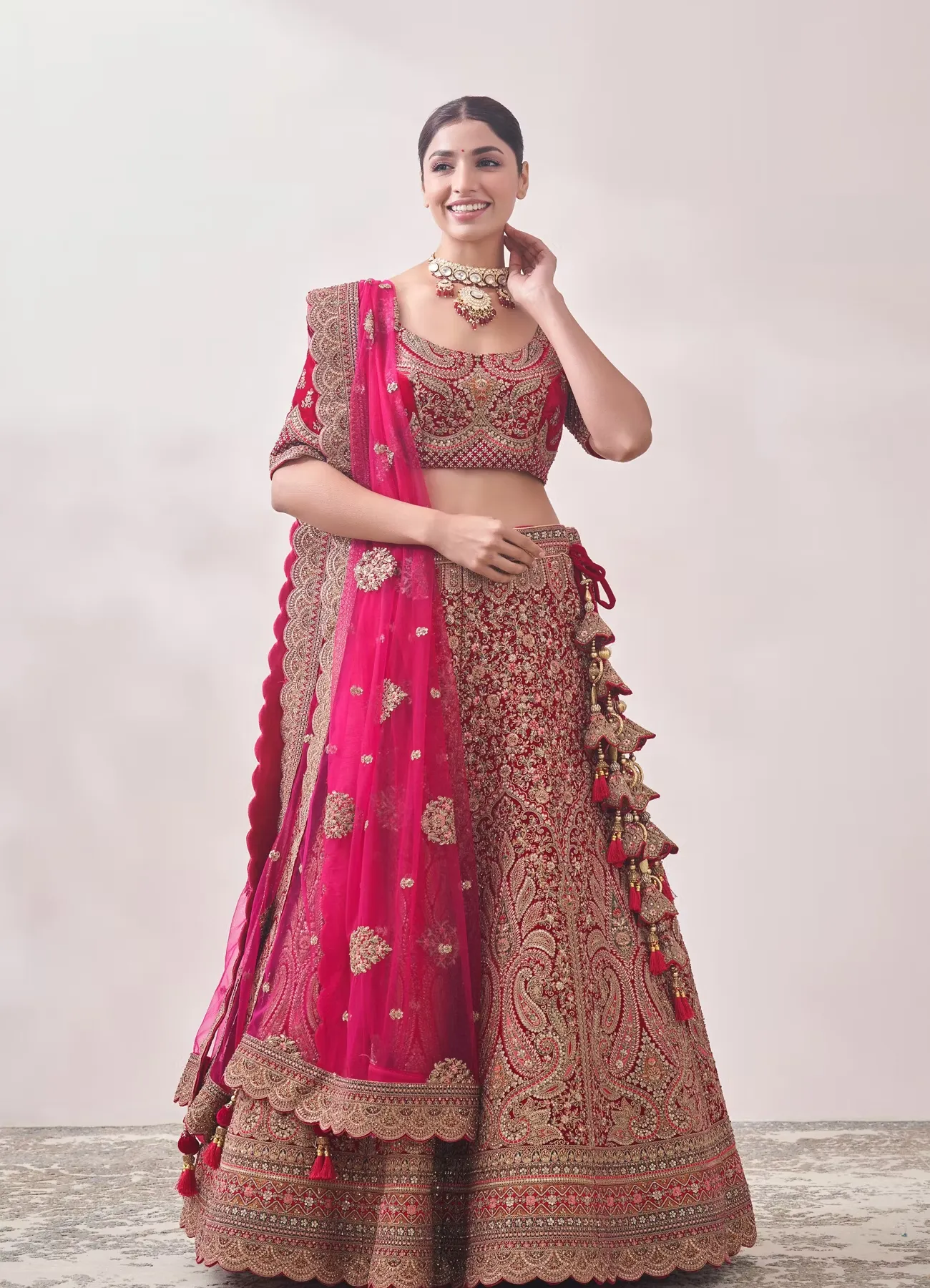 Aurora Red Floral and Paisley Patterned Bridal Lehenga