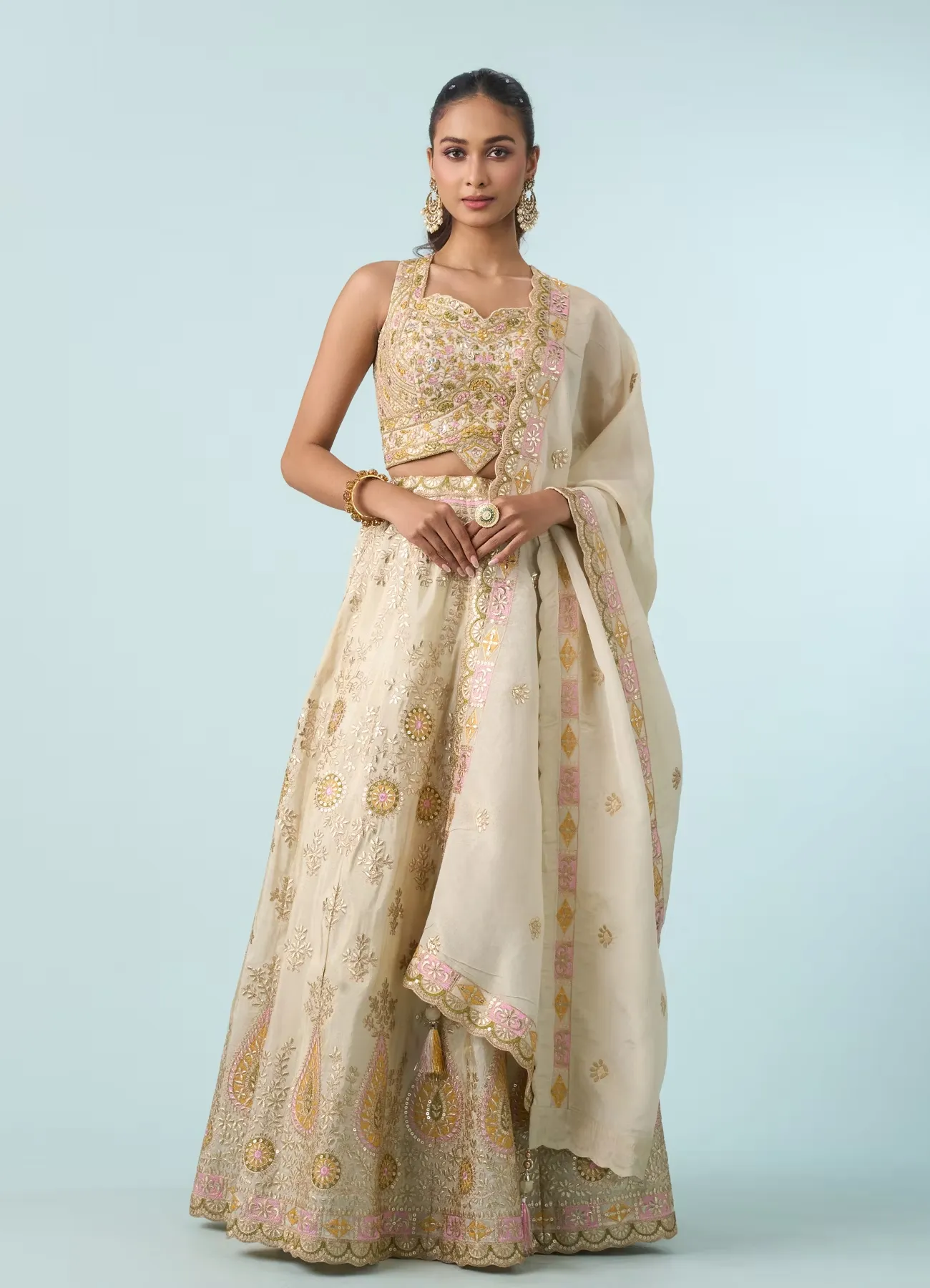 Cream Chinon Lehenga