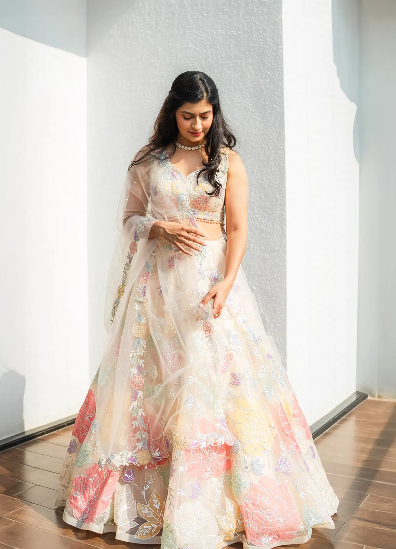 Cream Floral Printed Lehenga