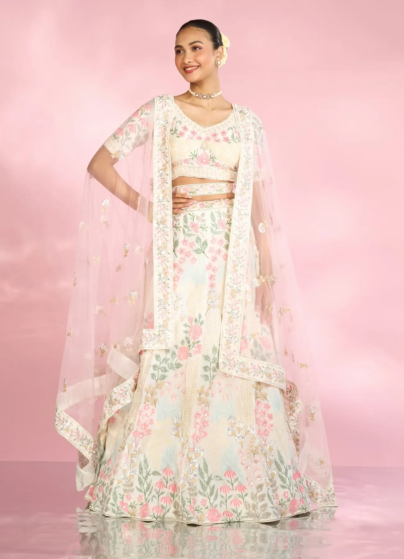 Cream Floral Sitara Embroidered Lehenga With Round Trimmed