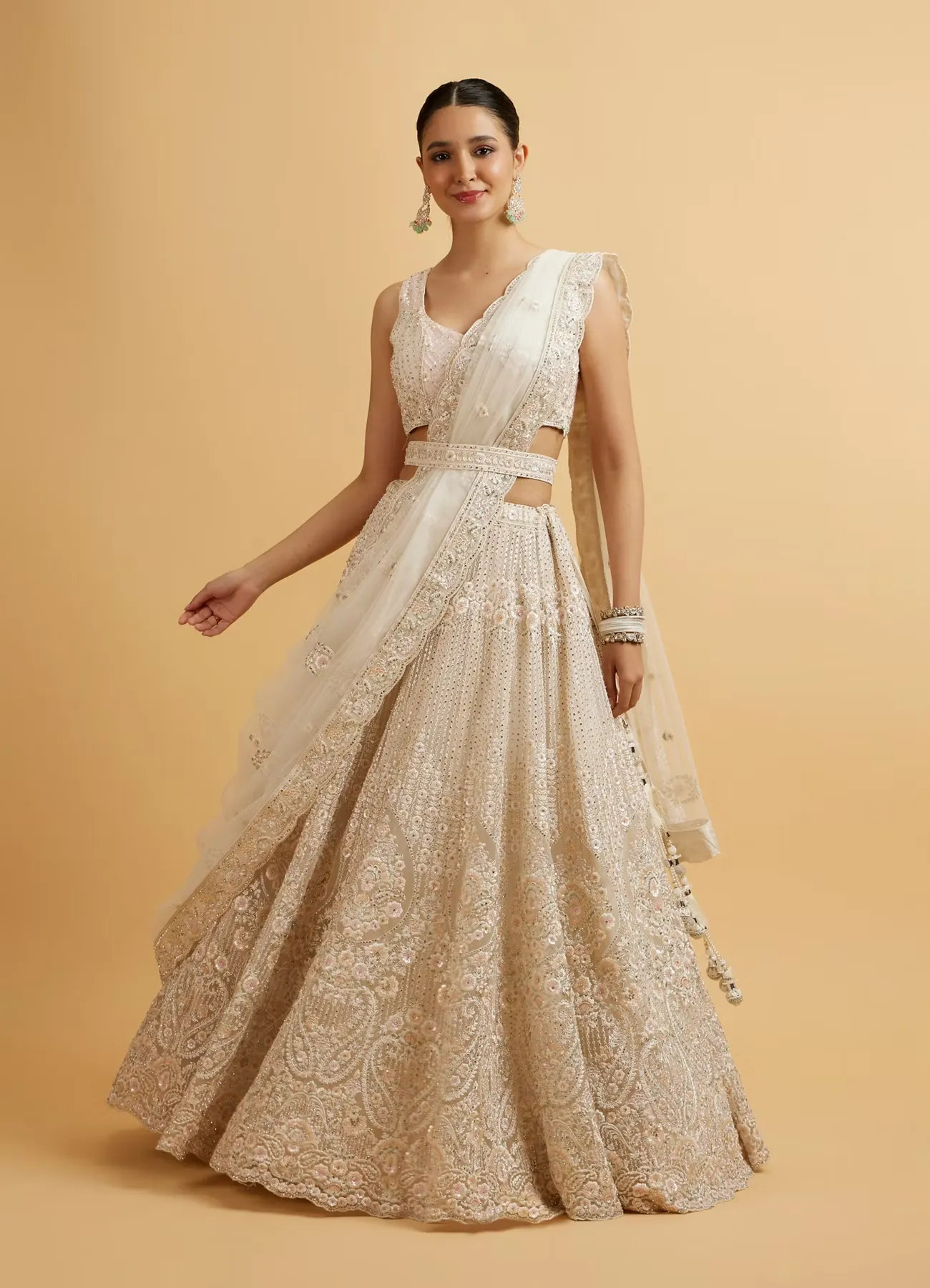 Dark Cream Floral Paisley Embroidered Bridal Lehenga