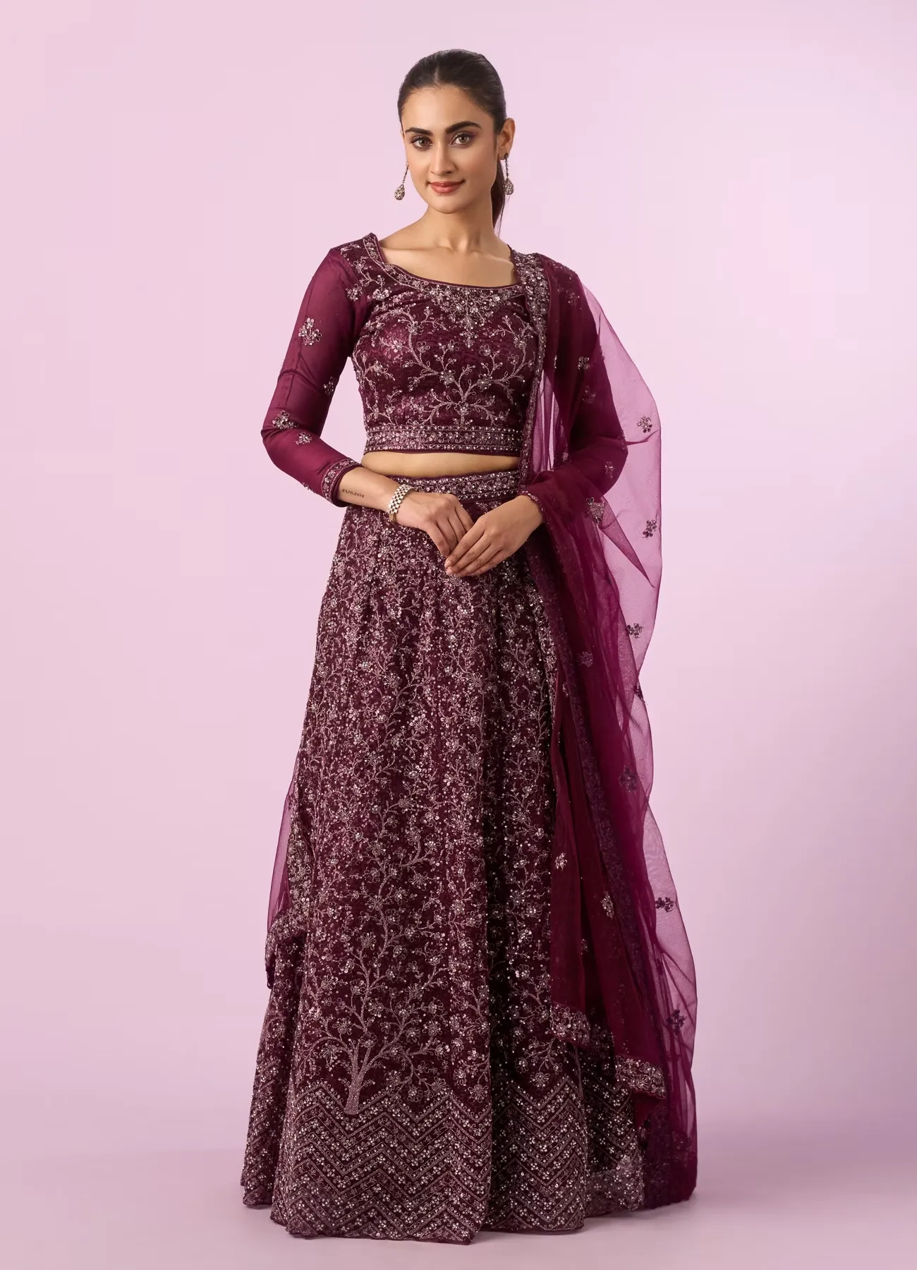Enchanting Wine Net Lehenga