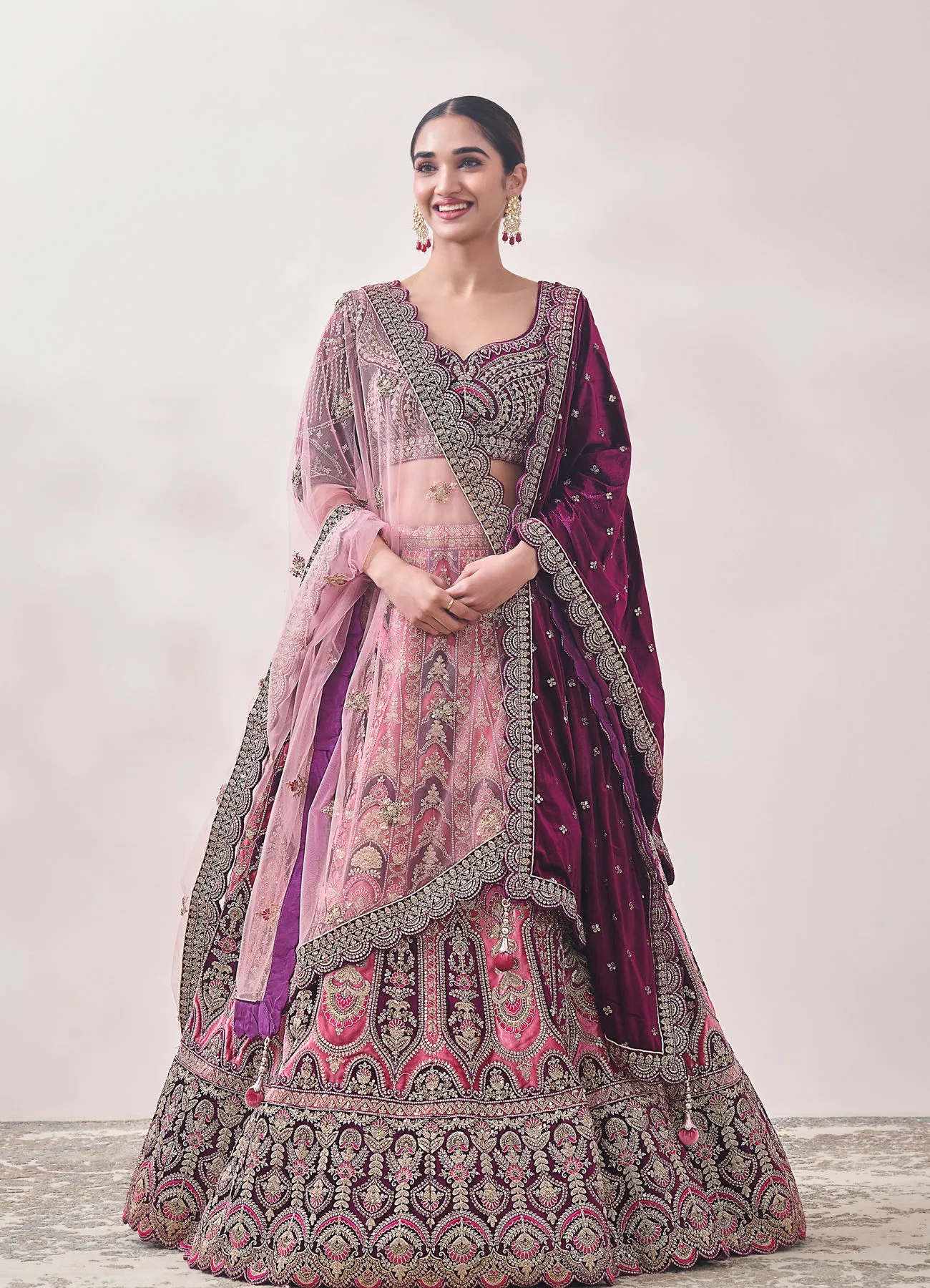 Flamingo Pink and Purple Imperial Patterned Bridal Lehenga