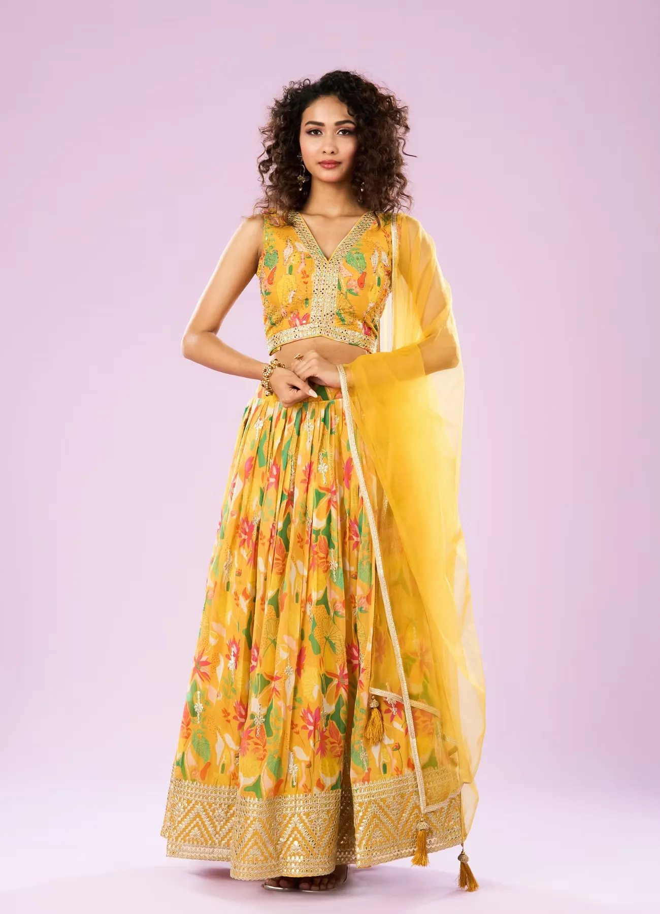 Glowing Yellow Organza Lehenga