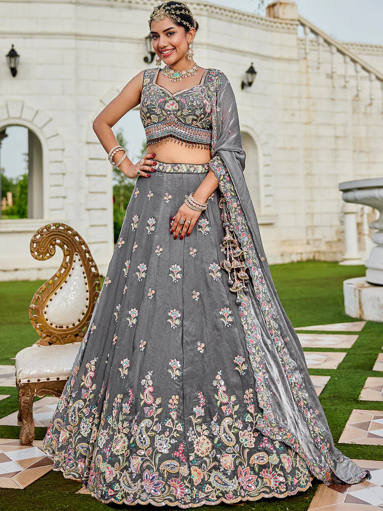 Gray - Tissue Fabric Sequinned Embroidered Ready to Wear Lehenga