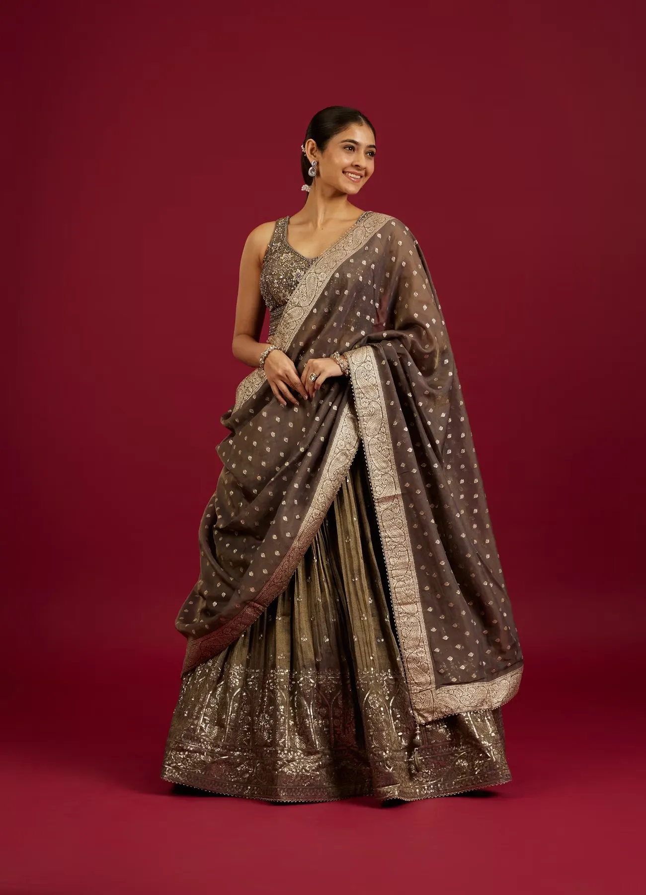 Greige Grey Sequin Work Crop Top Lehenga with Gota Patti And Beads Work