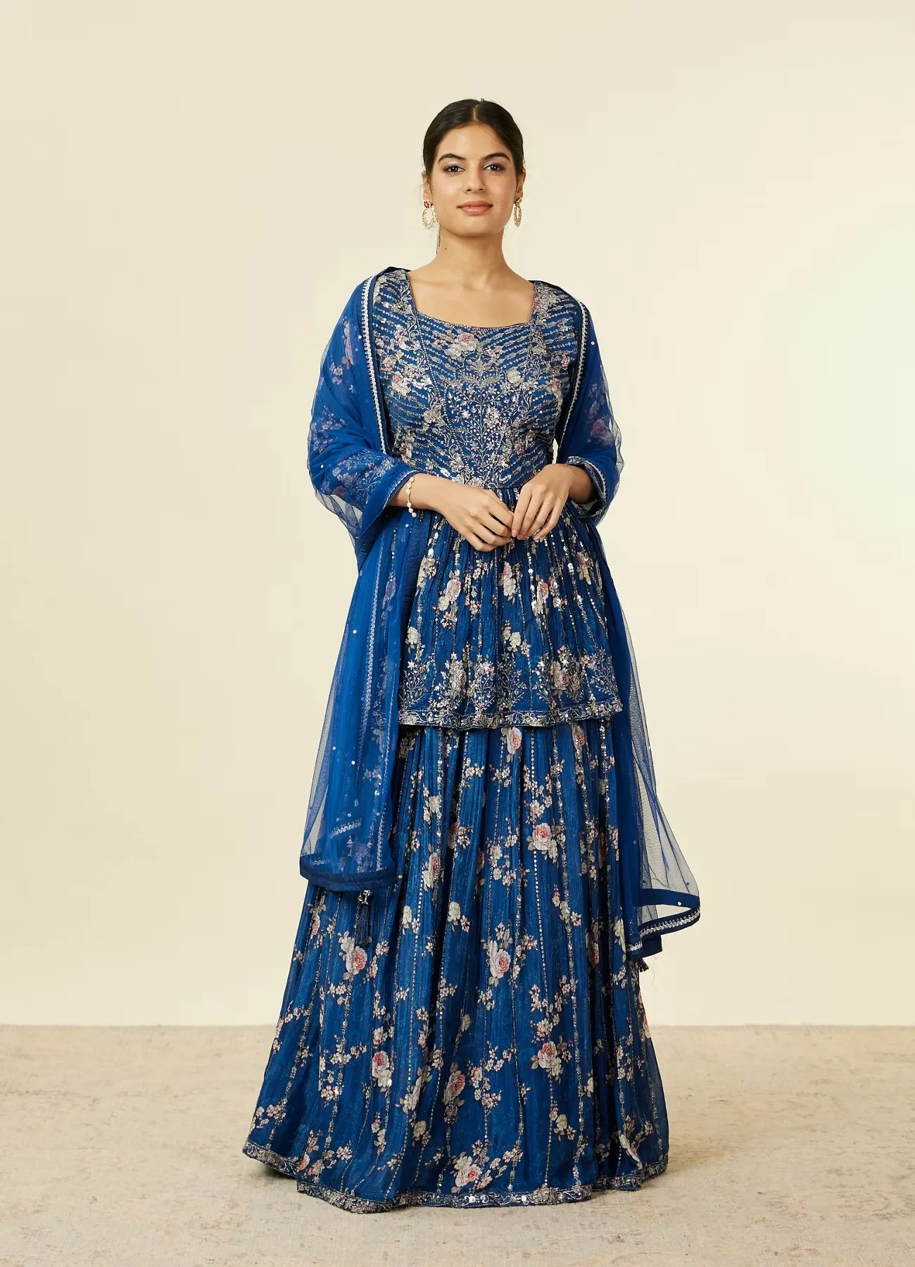 Indigo Blue Floral Patterned Fusion Lehenga