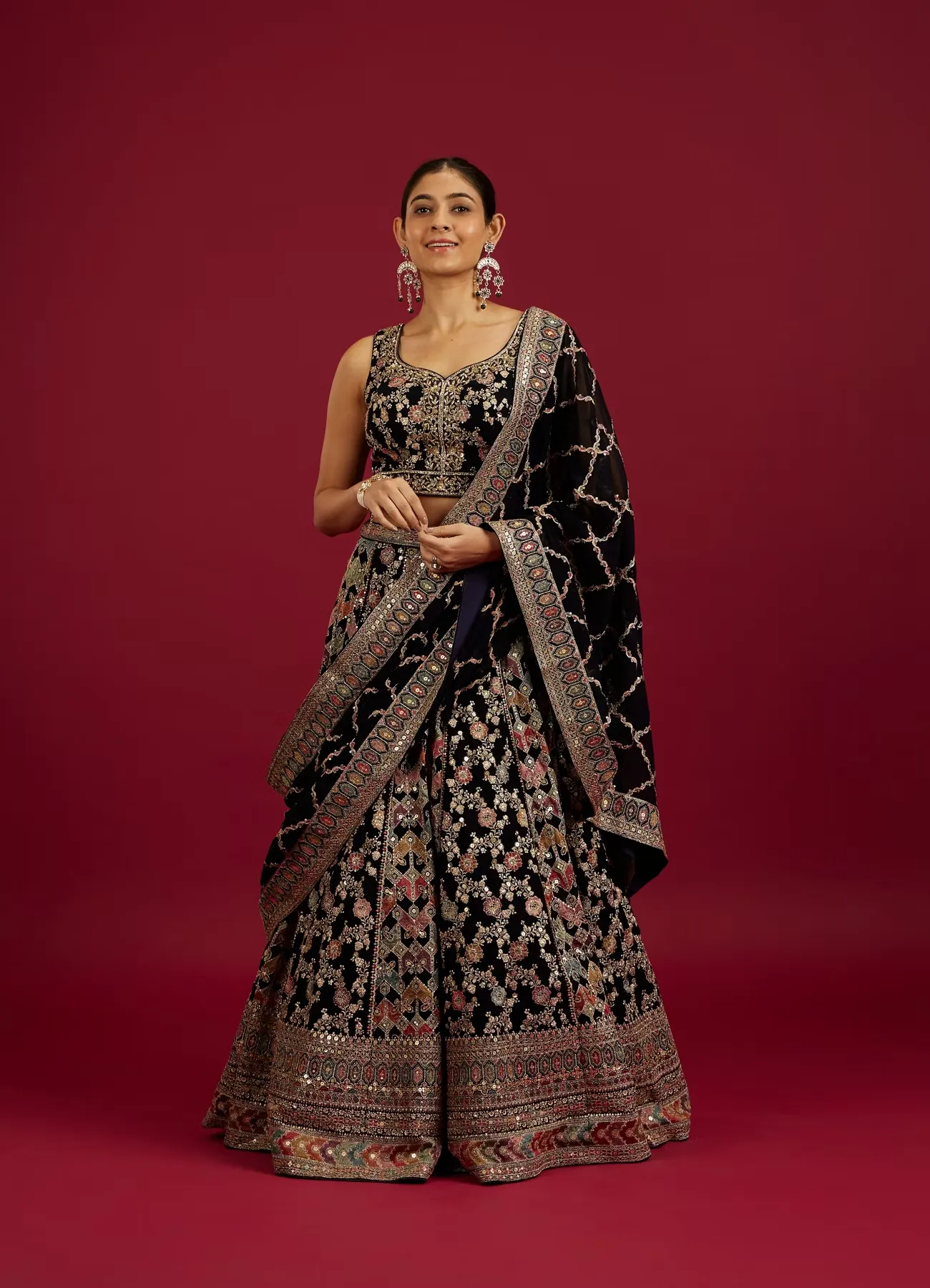 Indigo Blue Jaal Embroidered Crop Top Lehenga with Sequin Work