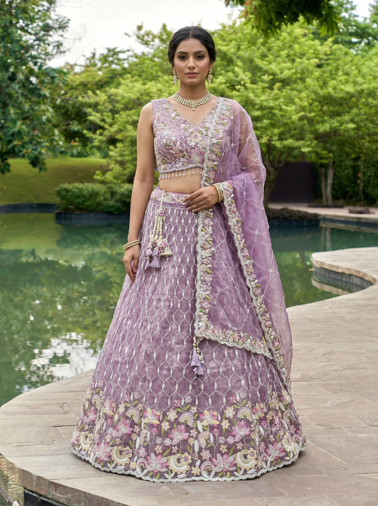 Lavender Color Satin Silk Fabric Sequinned Embroidered Ready to Wear Lehenga