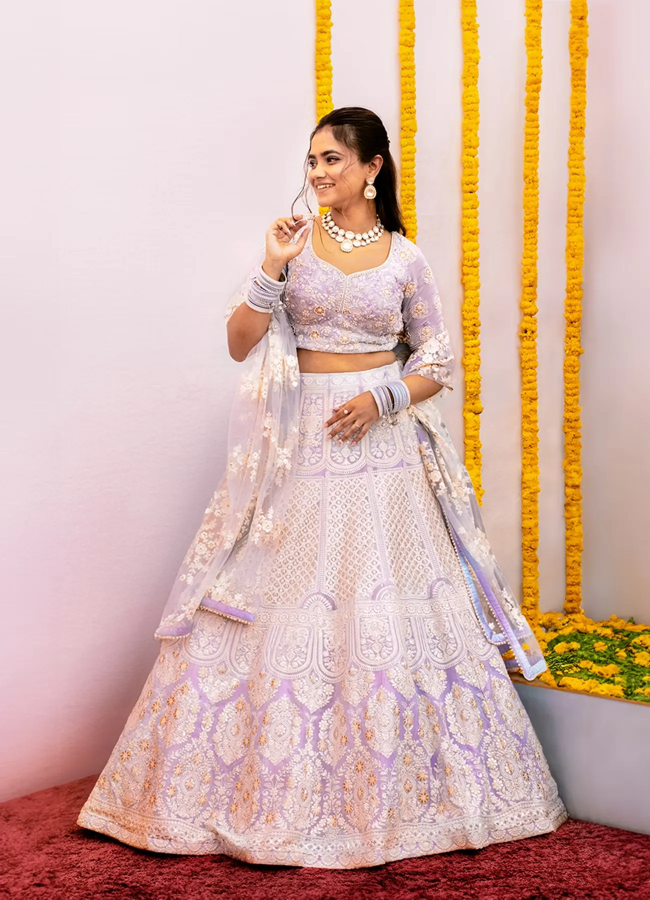 Light Blue Floral Jaal Patterned Bridal Lehenga