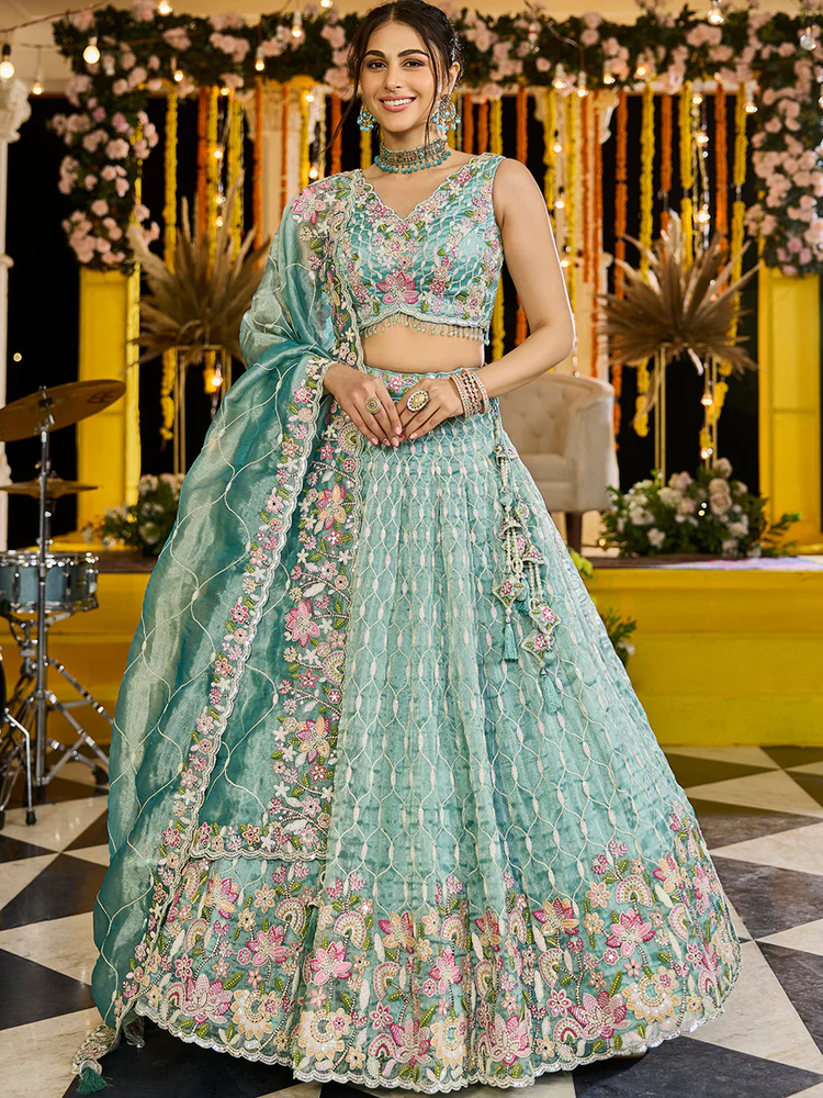 LIMEGREEN Satin Silk Fabric Sequinned Embroidered Ready to Wear Lehenga