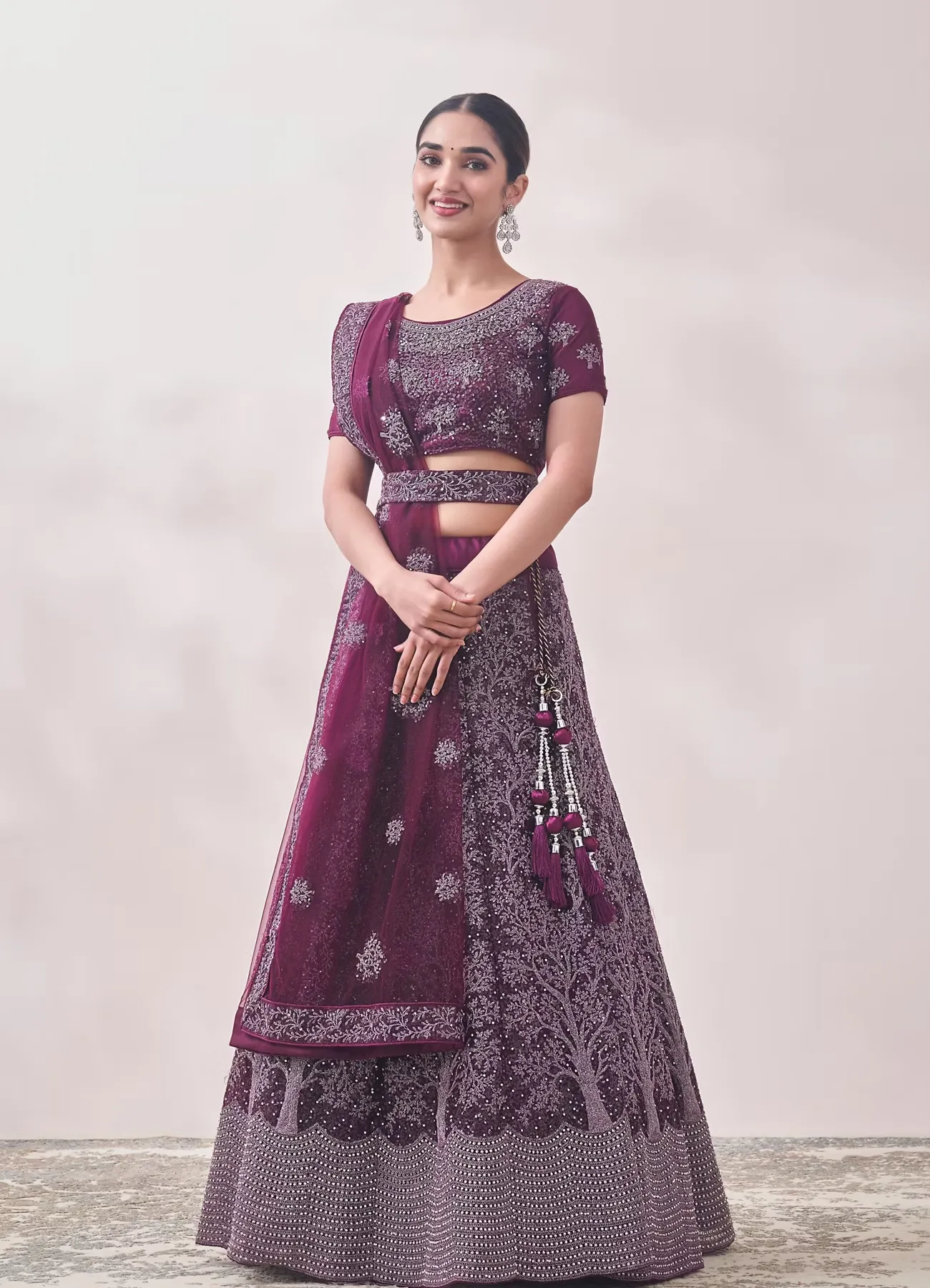 Muave Wine Red Tree Of Life Patterned Bridal Lehenga