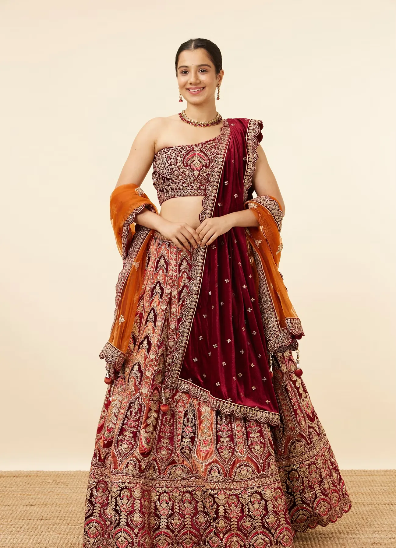 Orange Maroon Embroidered Bridal Lehenga