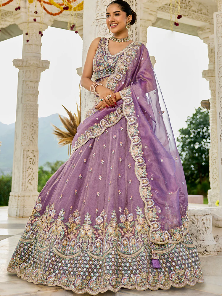 Purple Satin Silk Fabric Sequinned Embroidered Ready to Wear Lehenga