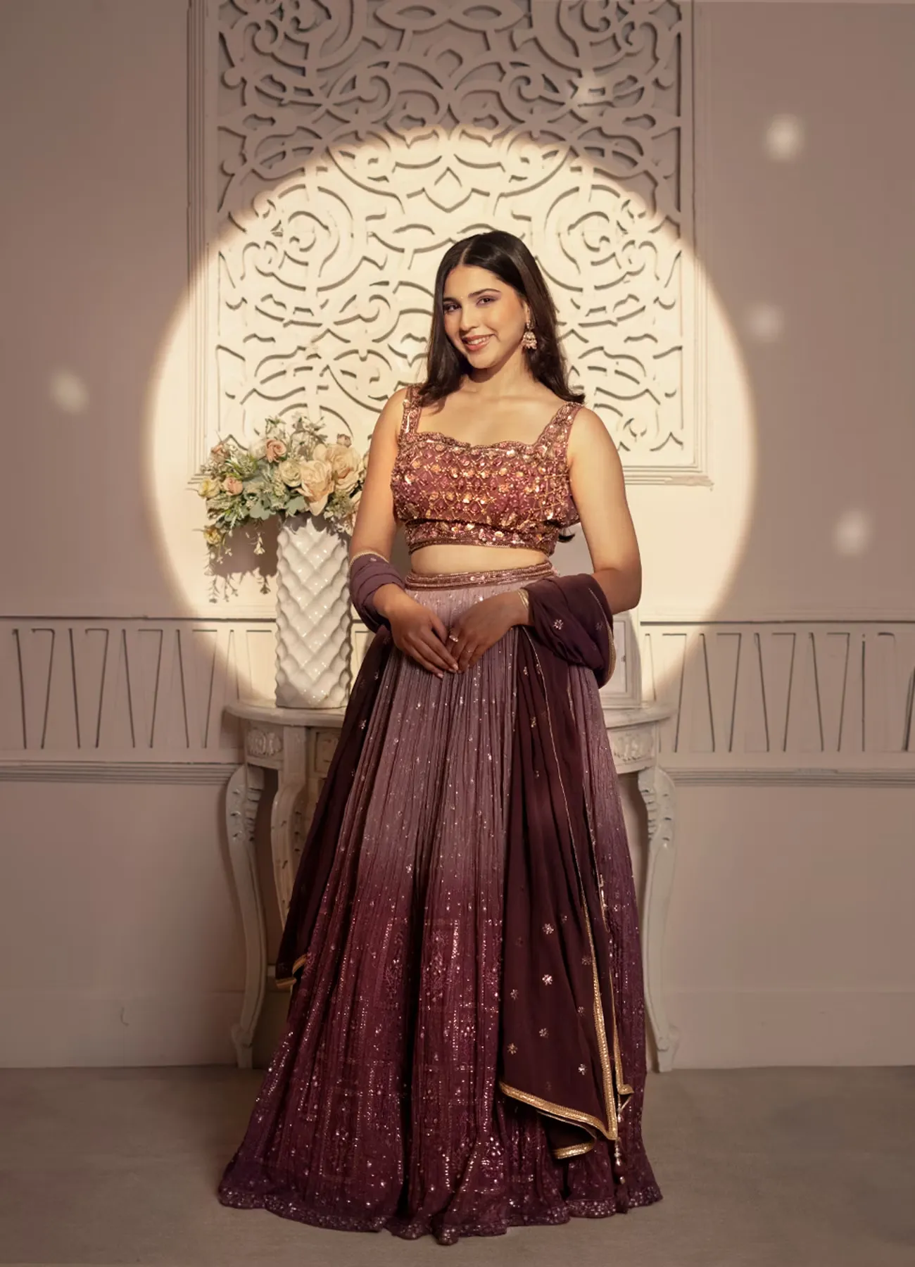 Purple Plisse Detailed Crop Top Lehenga